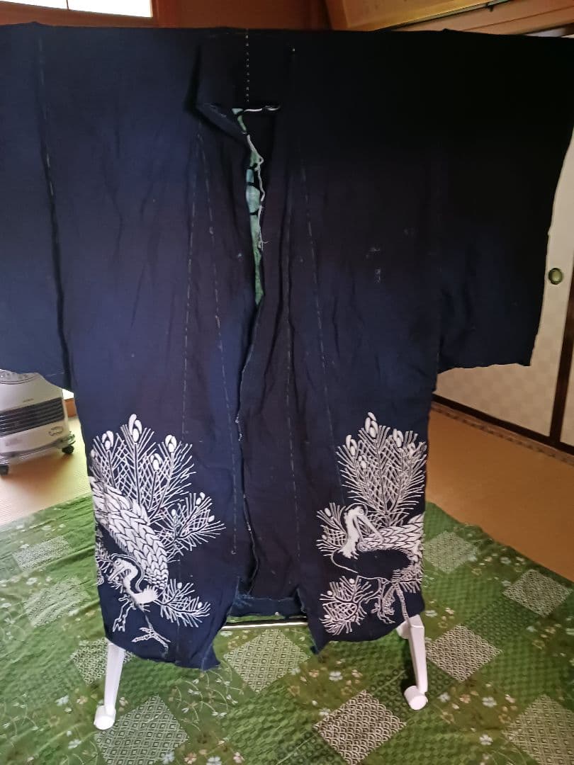 古布　夜着　綿　藍染　筒描き　家紋　鶴松　一枚