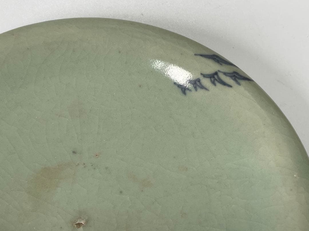 アンティーク　骨董　柿右衛門青磁　青磁染付　染付　柳網干文　丸皿　小皿　五寸皿