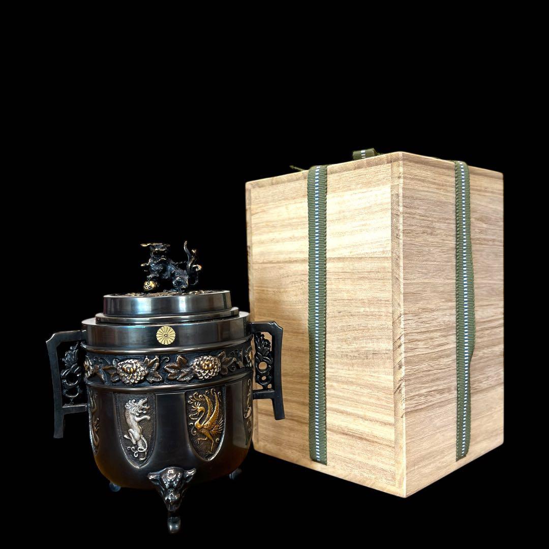 《希少未使用》高岡銅器 能作 吉秀作 銅製 獅子摘龍鳳凰図金銀象嵌三つ足香炉 鸛