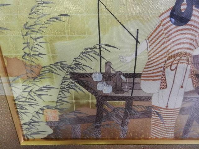 額装正絹染め江戸時代風俗絵「職人尽絵・機織図（しょくにんづくしえ・はたおりず）」