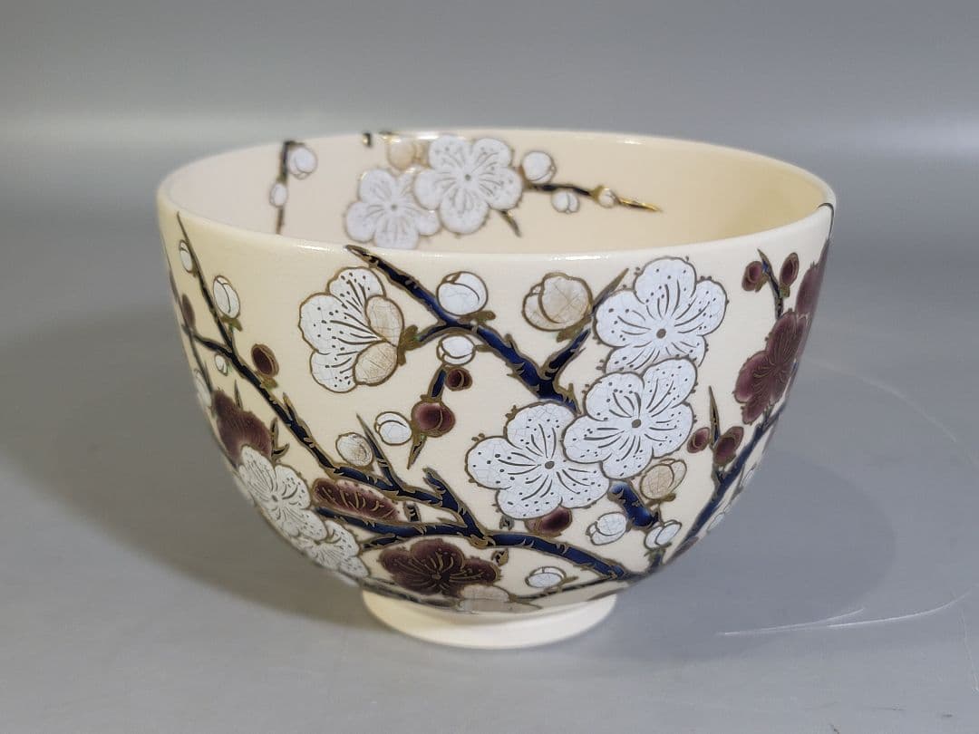 DT560 茶道具 清閑寺窯 祥平造 色絵紅白梅茶碗 共箱 美品