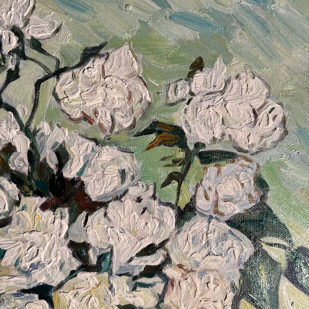 ★秀作★ 手書き油絵 ゴッホ 花瓶のバラ額付 肉筆絵画 インテリア 油彩画