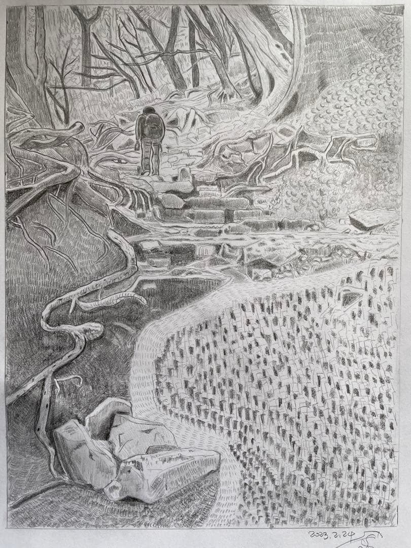 鉛筆画 デッサン　山登りの人　A4サイズ