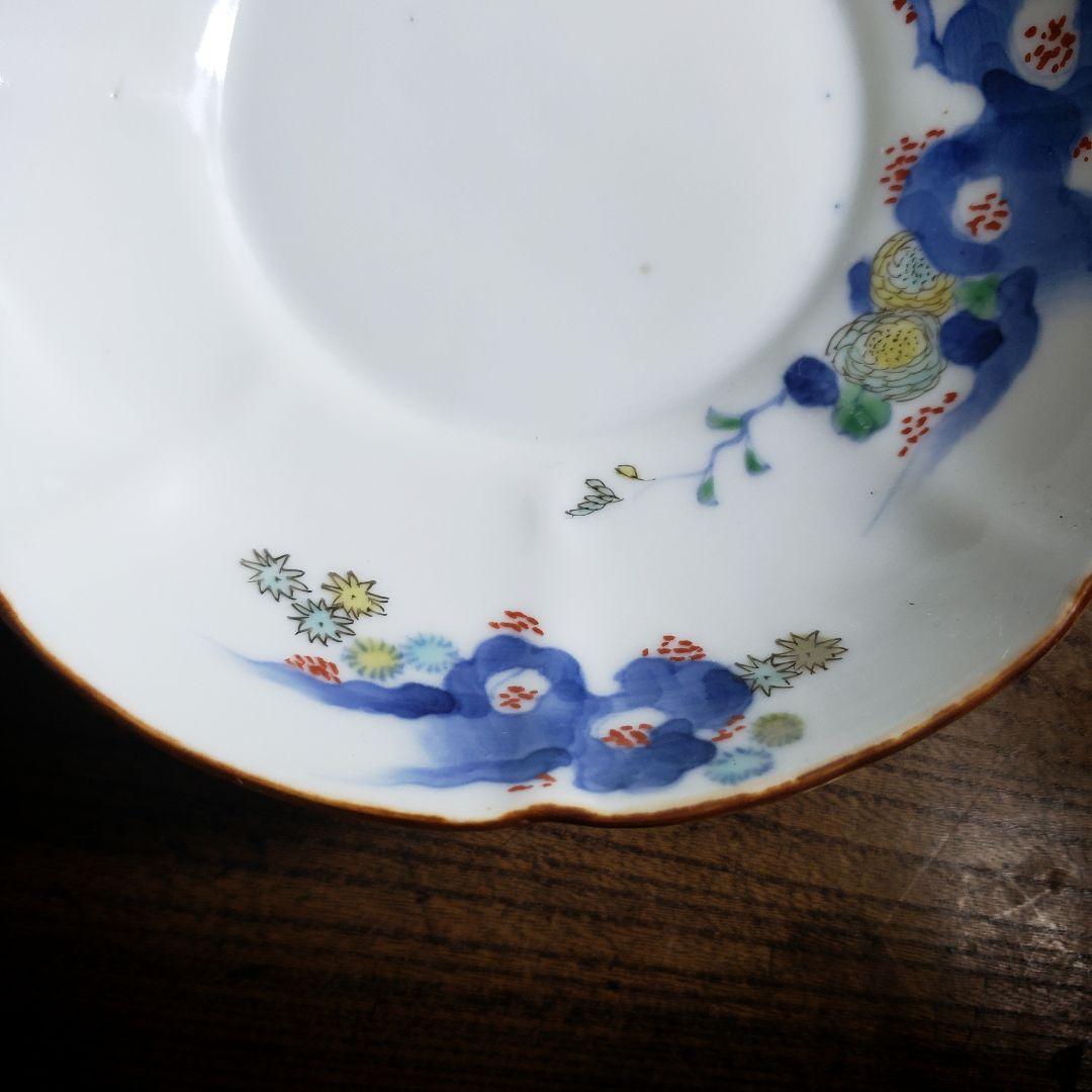 八花弁皿　染付　色絵付　取り皿　なます皿　岩　梅　菊　銘　明治　ハ号