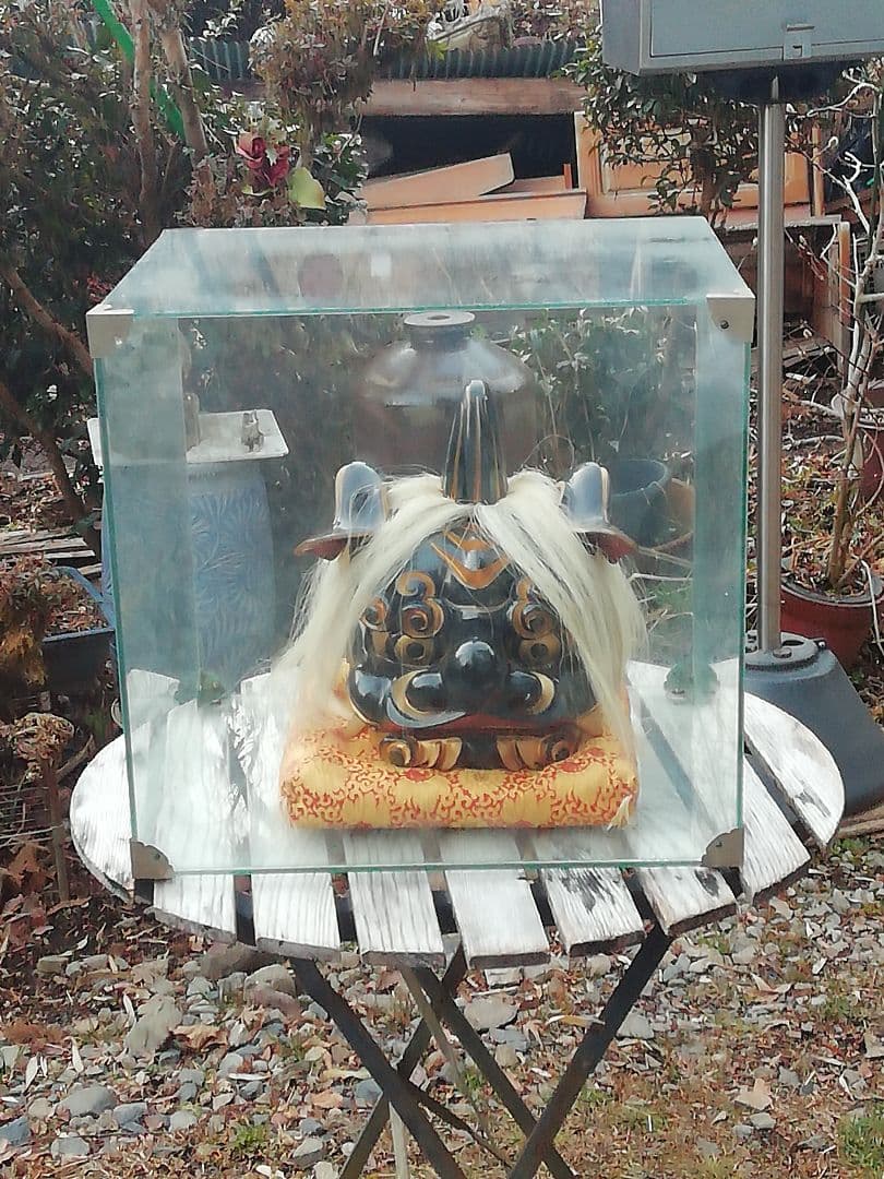 獅子舞の獅子頭/ 耐熱ガラスケース入り/ 耐熱ガラスケースだけでも高額