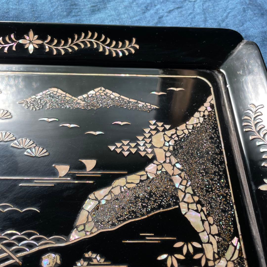 黒塗り盆 螺鈿 長方形 26㎝×35㎝ 漆器 盆 螺鈿細工 長方盆 木製 お盆