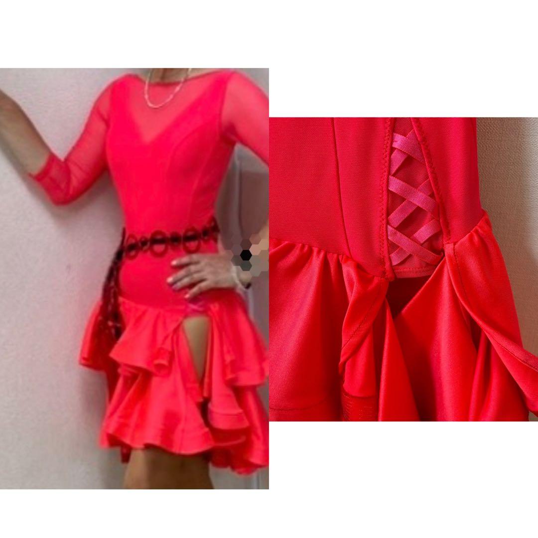 ピンク系オレンジ 社交ダンスドレス　ラテンドレス