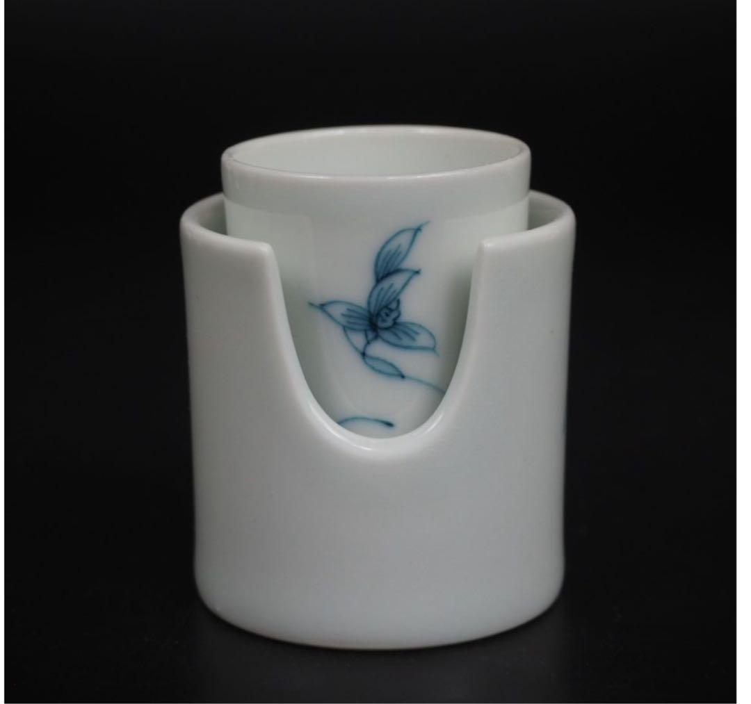 送料無料　『角萬』銘　手描き青華煎茶器11点セット　茶道具