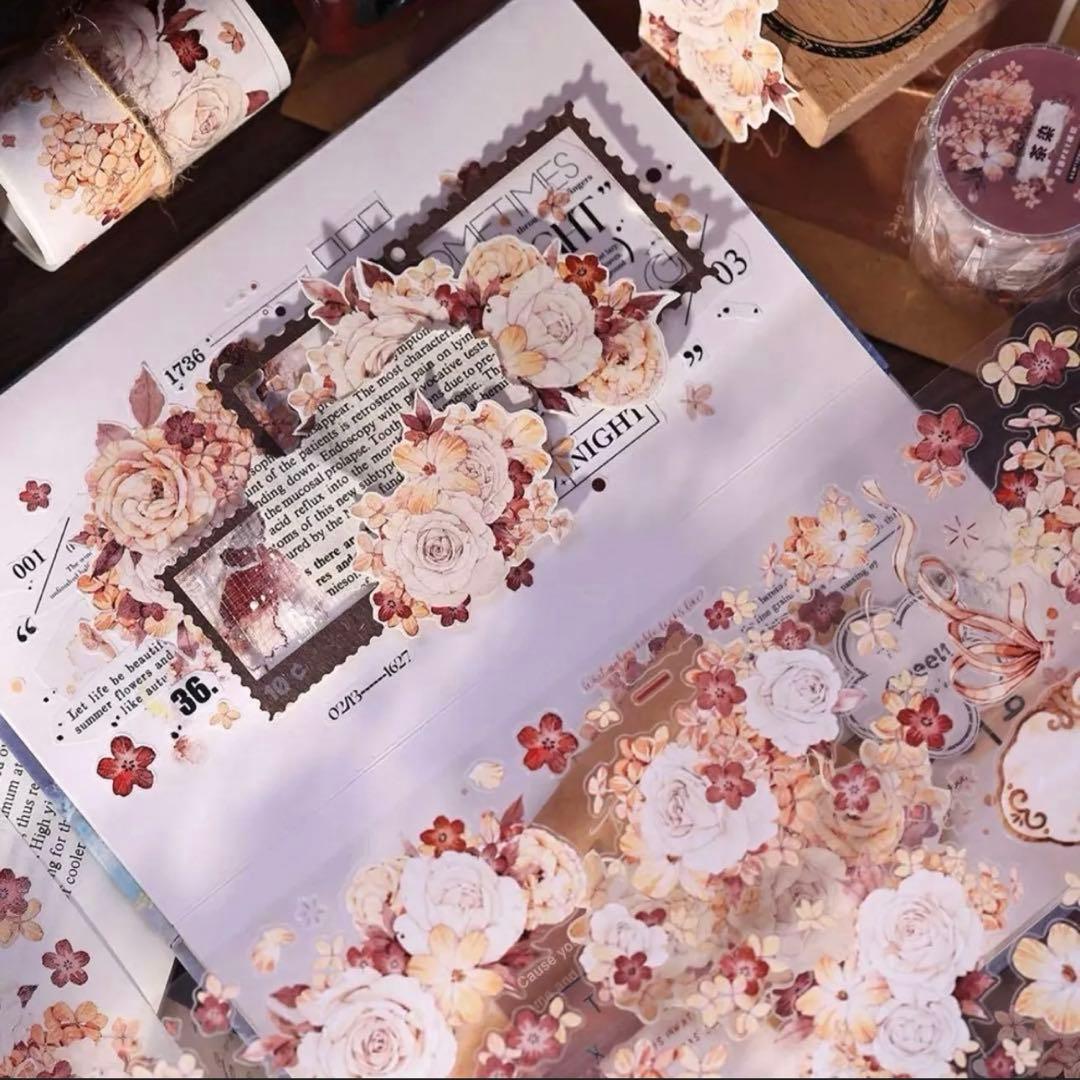 PET 茶染 ダイカット加工 6cm×6m 海外マスキングテープ　海外マステ　花