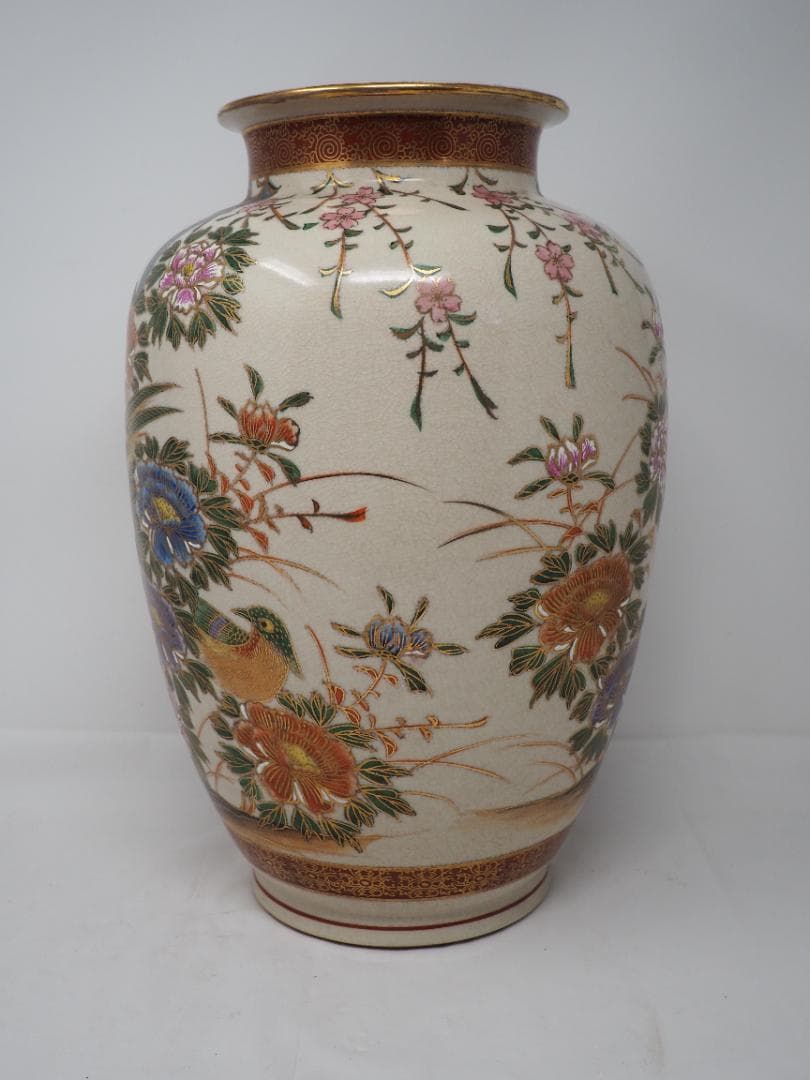 色絵金彩金蘭手花鳥図　薩摩焼　花瓶　壷　-SO