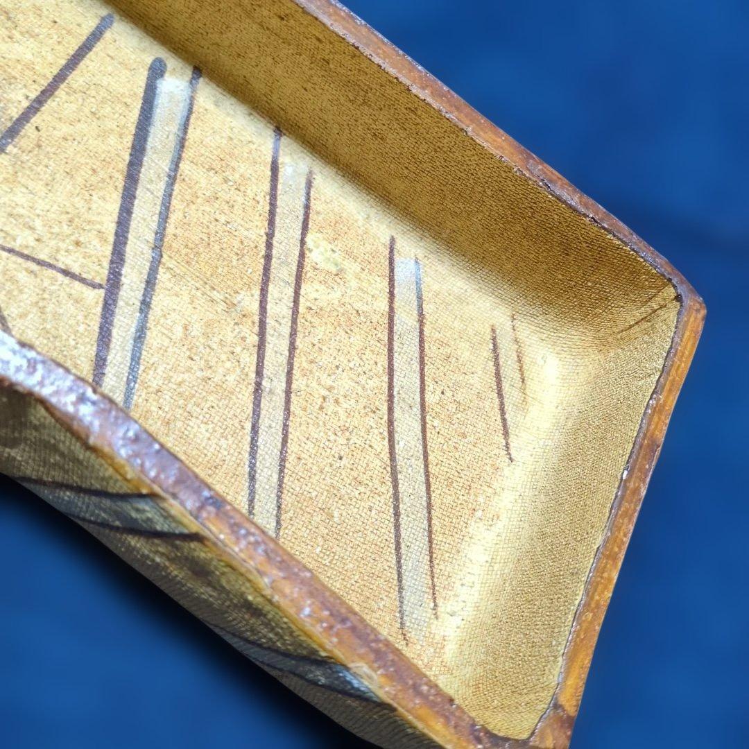 小原流生け花 古い織部焼 緑✕土色長型水盤 花器