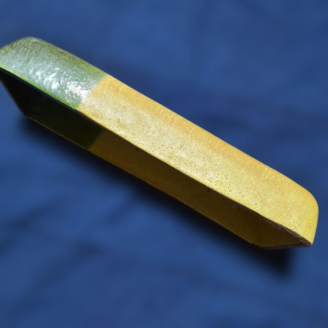 小原流生け花 古い織部焼 緑✕土色長型水盤 花器