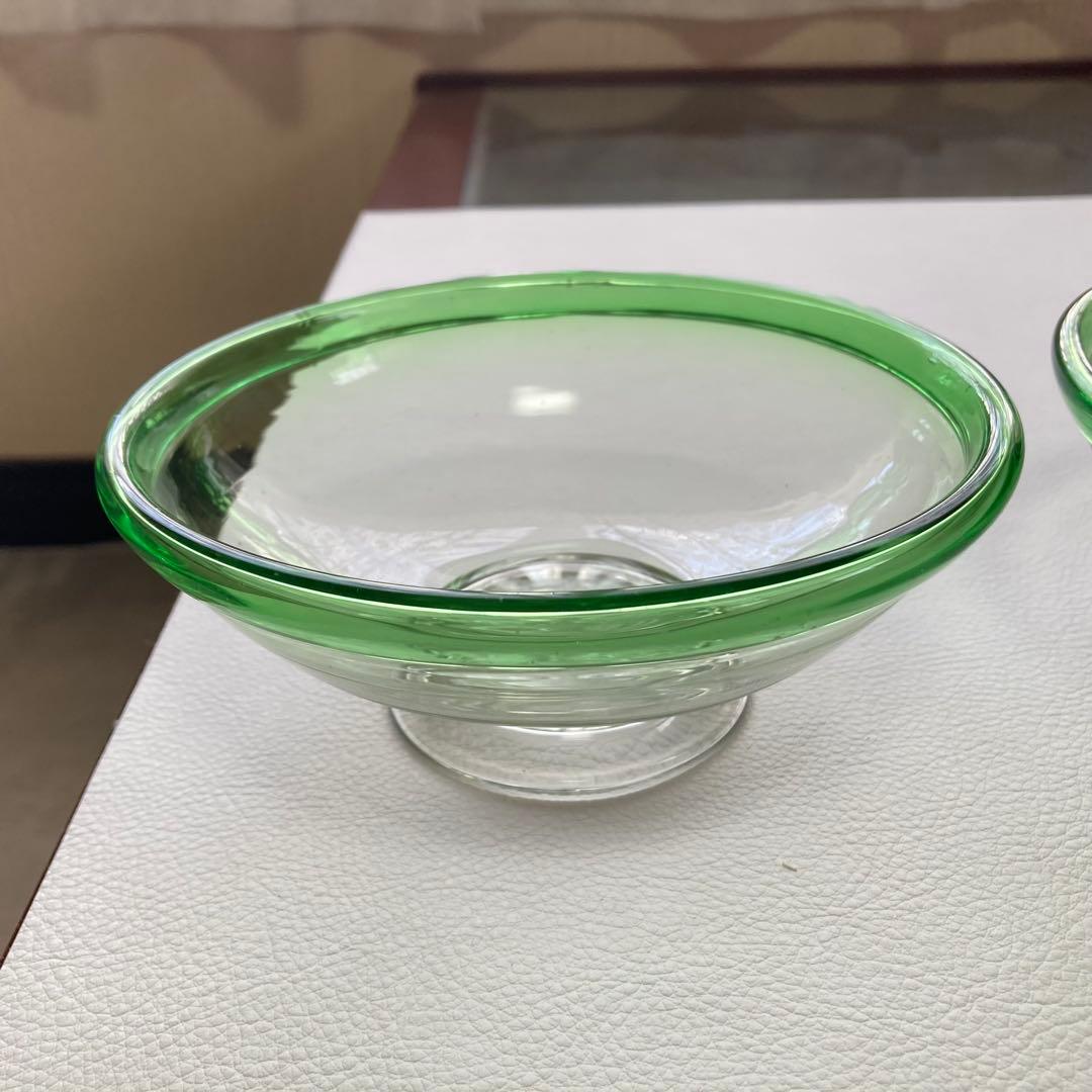古いガラス鉢 かき氷 カップ ボウル 食器 花器 グリーン 3点 骨董 レトロ
