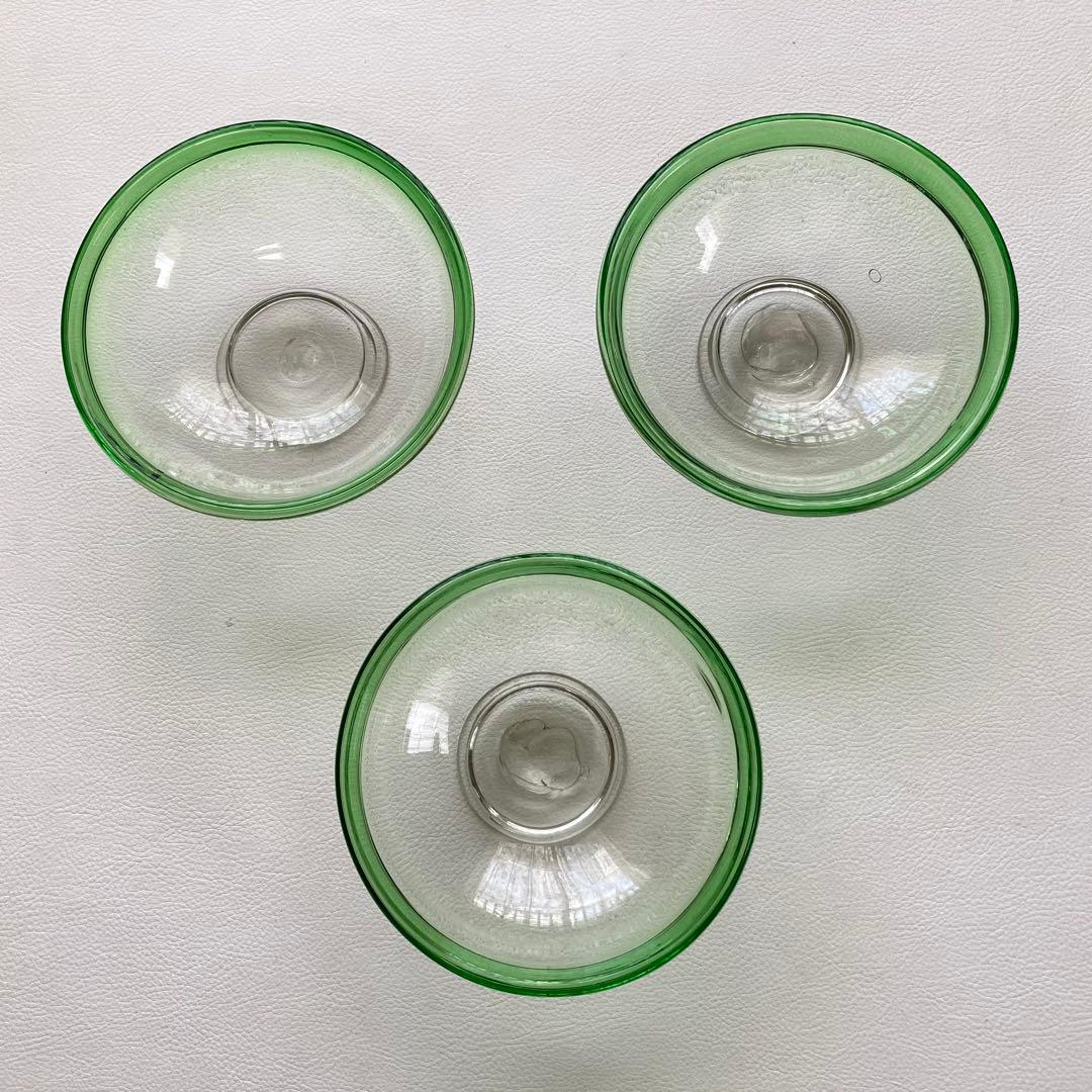 古いガラス鉢 かき氷 カップ ボウル 食器 花器 グリーン 3点 骨董 レトロ