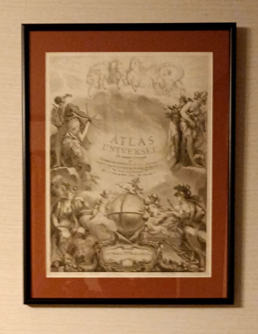 額装品　18世紀　R.ボーゴンディ　「地図帳の扉絵」　大型作品　稀少　版刻精緻