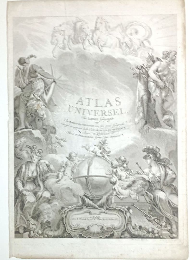 額装品　18世紀　R.ボーゴンディ　「地図帳の扉絵」　大型作品　稀少　版刻精緻