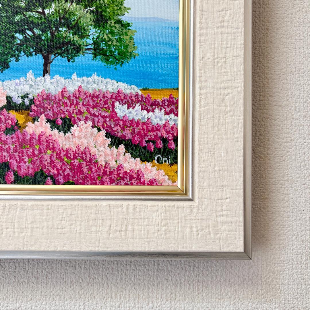 アクリル画　原画　「ストックの咲く丘」額縁付　F4サイズ　キャンバス