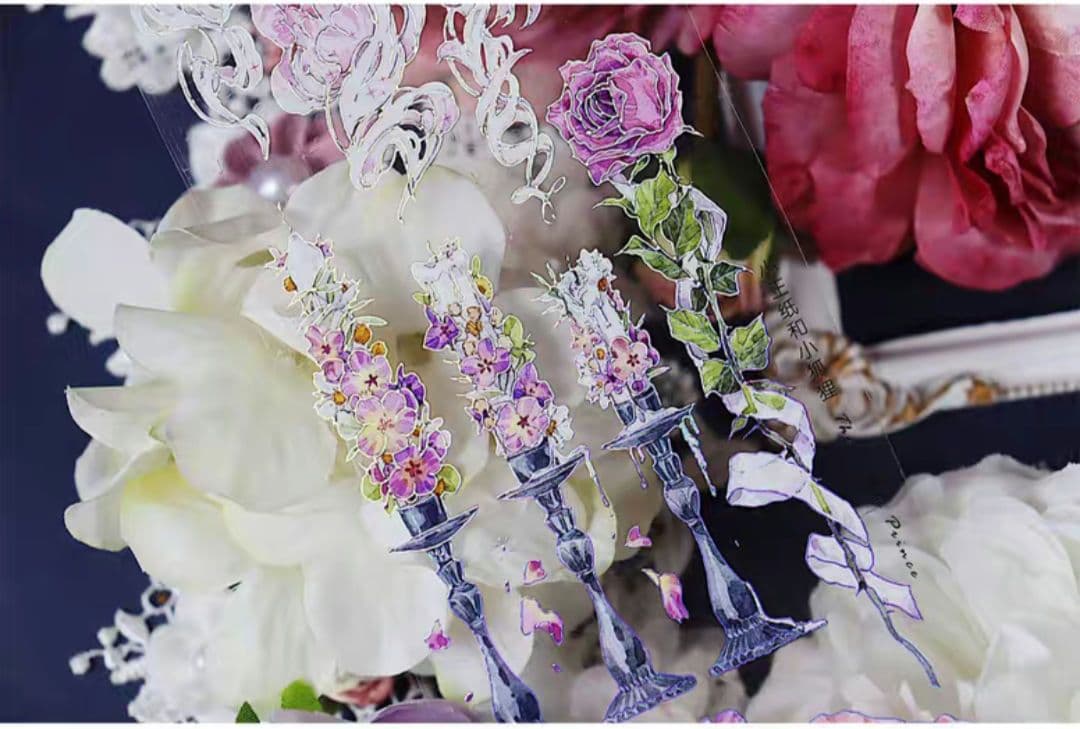 巻売 496★ 海外 マスキングテープ マステ PET 装飾 花 銀ホロ