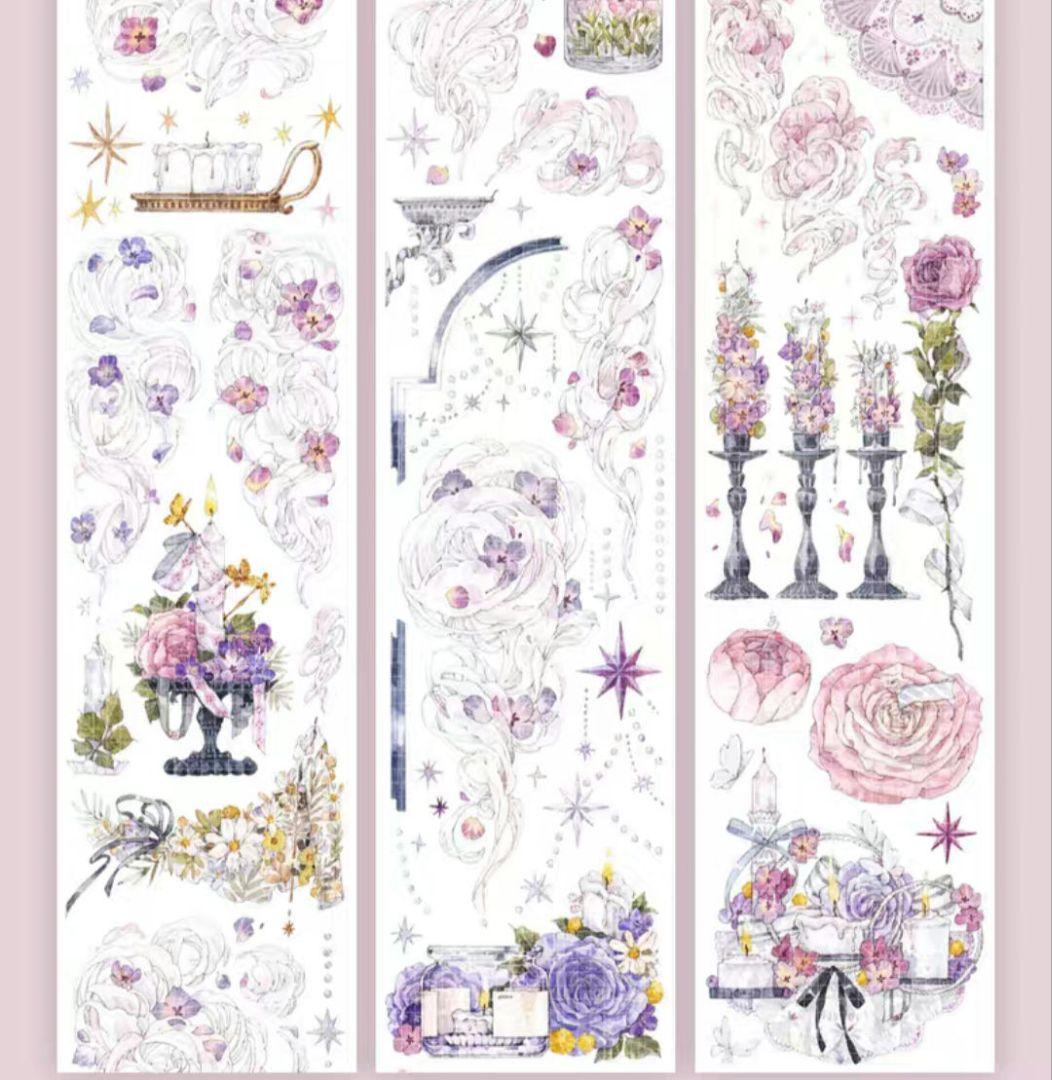 巻売 496★ 海外 マスキングテープ マステ PET 装飾 花 銀ホロ