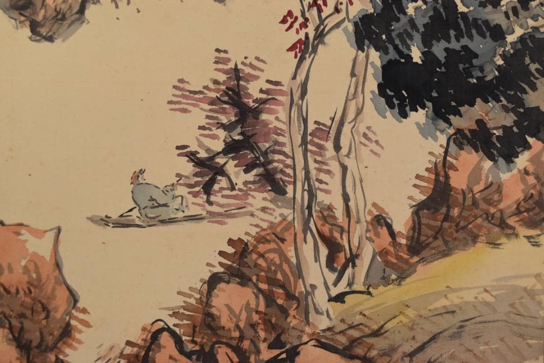 作者不詳/秋渓独棹図/秋景山水図/掛軸☆宝船☆AB-367