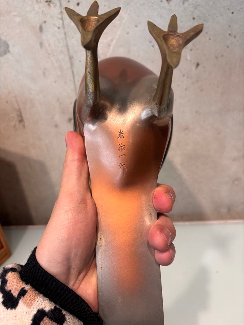 米治一造　銅製　金鶏鳥　置物　共箱