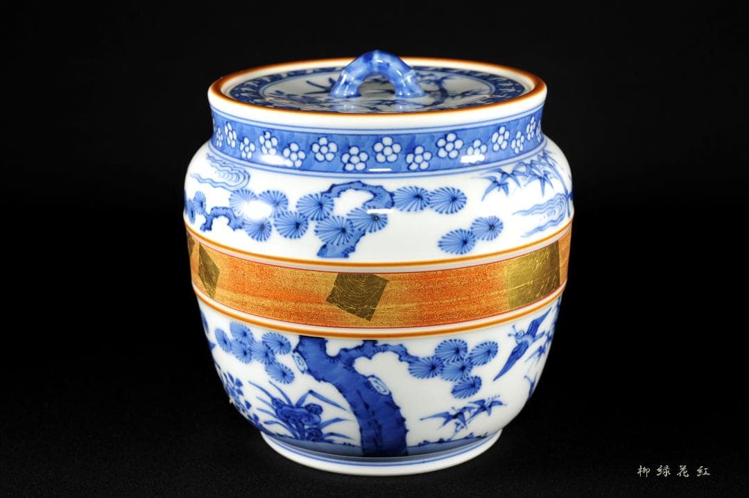 五代 三浦竹泉 祥瑞 松竹梅花鳥 水指 共箱 茶道具