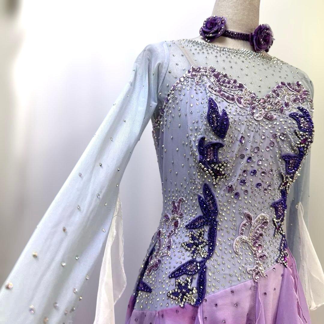 6313★白樺ドレス★M 紫 スワロミックス スタンダードドレス 社交ダンス