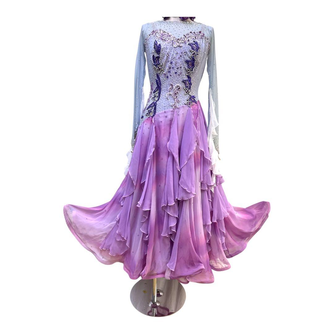 6313★白樺ドレス★M 紫 スワロミックス スタンダードドレス 社交ダンス