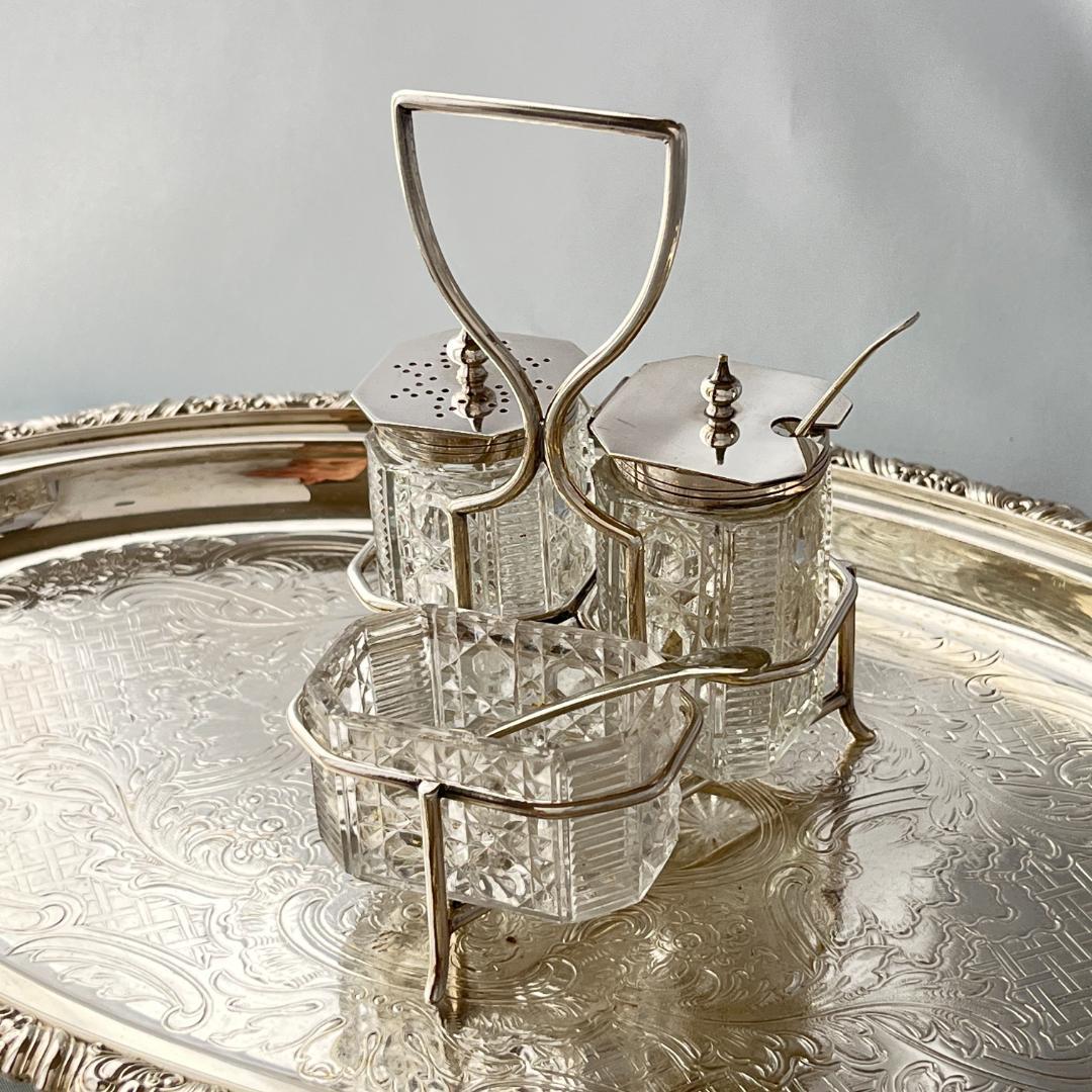 【英国】コンディメントセット / スタンド 【ガラス / シルバープレート】