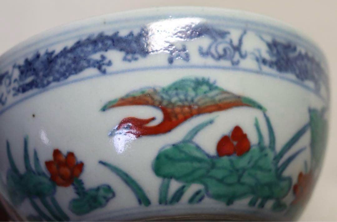 中国　清時代　斗彩　蓮鳥紋　大清光緒年製銘