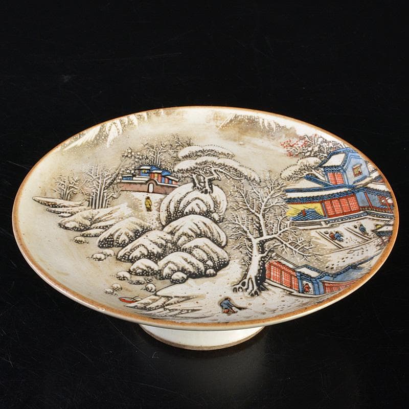 中国　大清光緒年製　粉彩山水文　高足盤　N　R6782E