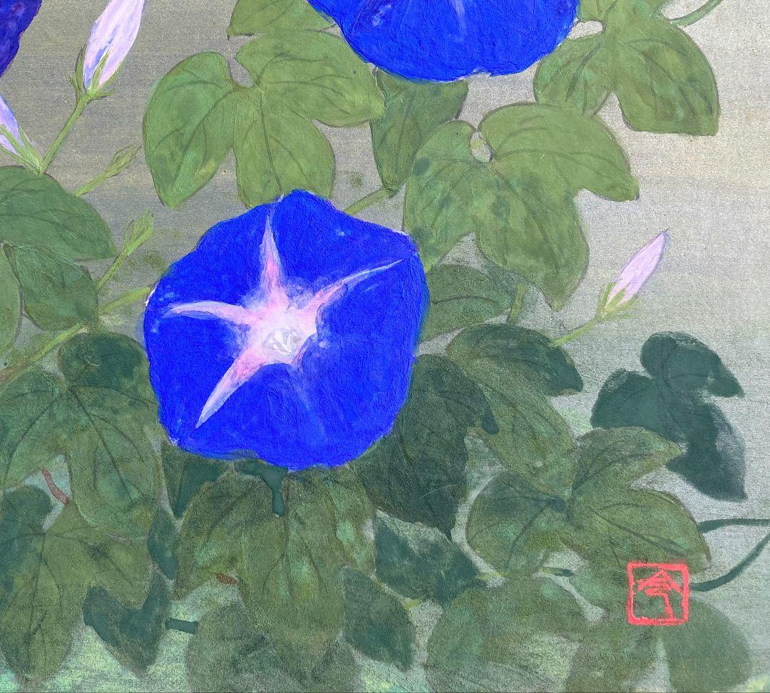 作者不詳「あさがお」額装6号 ●岩彩作品 落款 鮮やかな朝顔の図です●