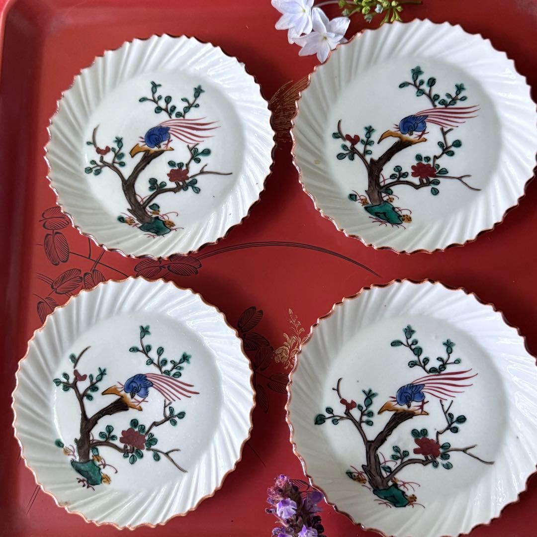 2164感謝‼️夏の倣い古九谷‼️幸せ強運の色絵花鳥図在銘福波打つ小皿4客➕1客プレ