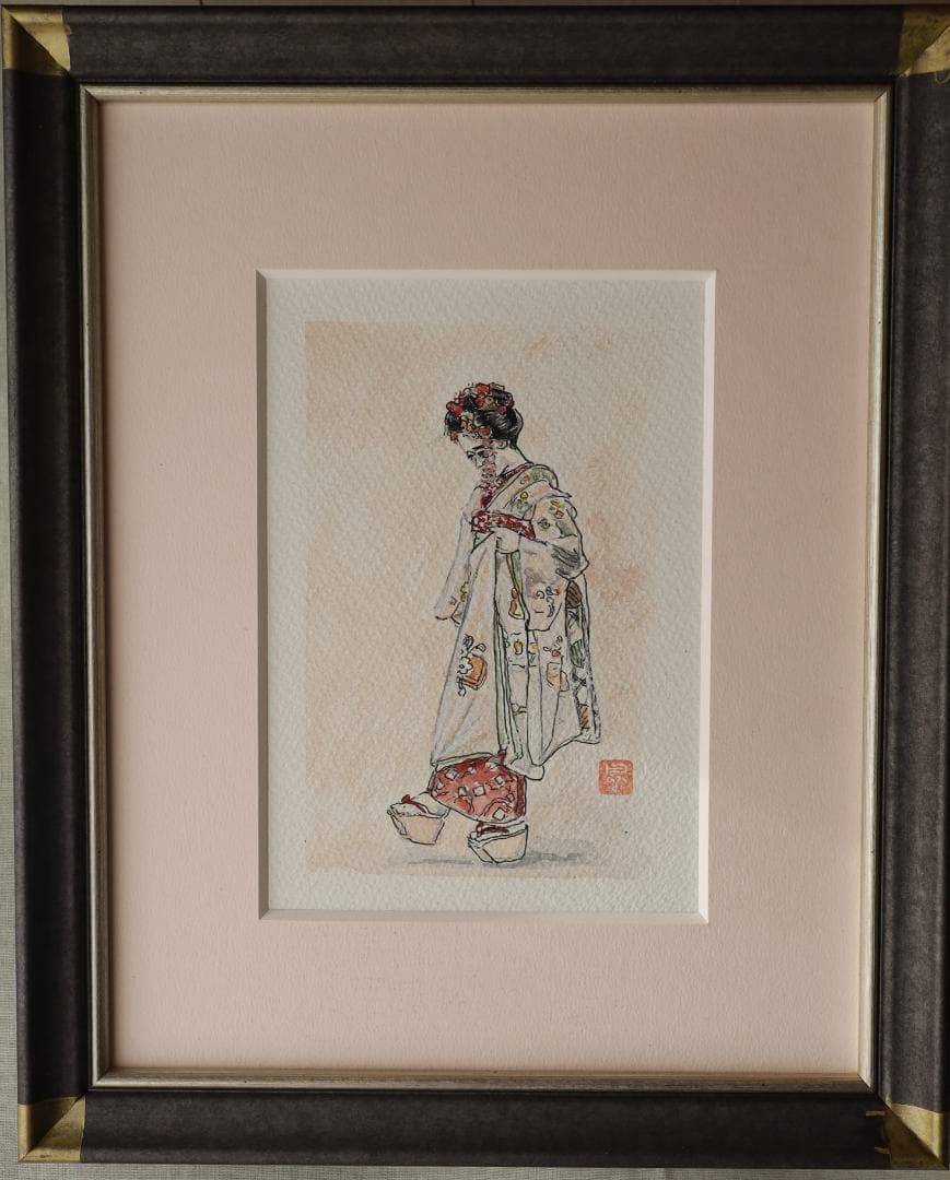 『おこぼの鈴の音』　　　※京都の舞妓。　手描き1点物。（水彩防カビ保護ワニス済）
