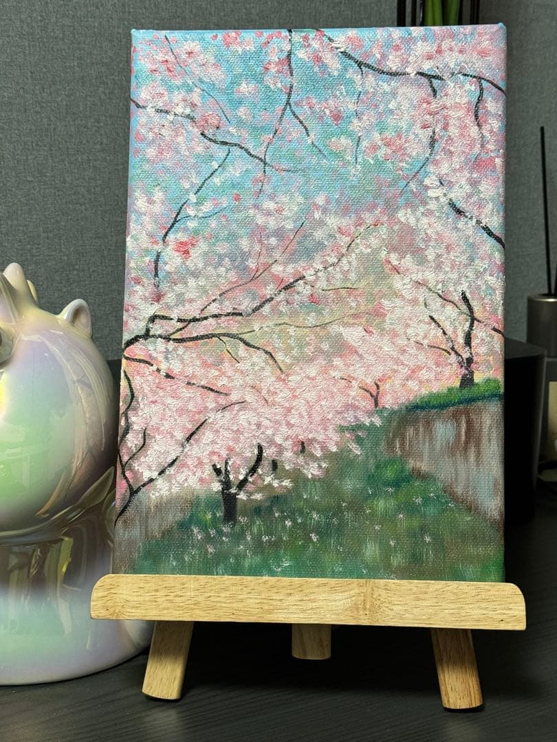 「早桜」　手描き　油絵　風景画　原画　油彩画　印象派