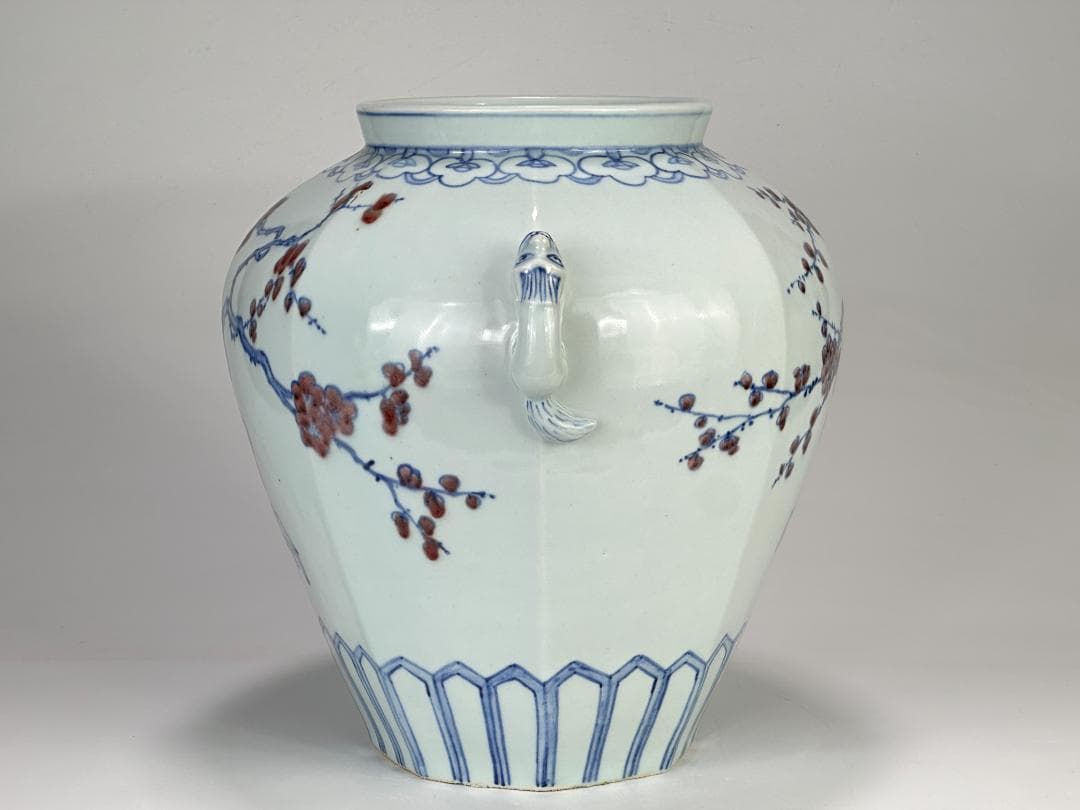 韓国美術　韓国人間国宝　安東五　白磁器　獣耳辰砂染付大花瓶　共箱