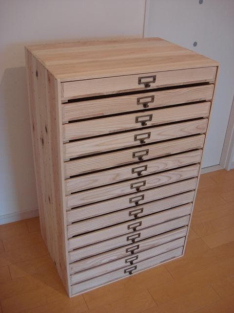 ★送料無料オーダー可能★A2ネームプレート14段小引き出し/無垢材木製書類ケース