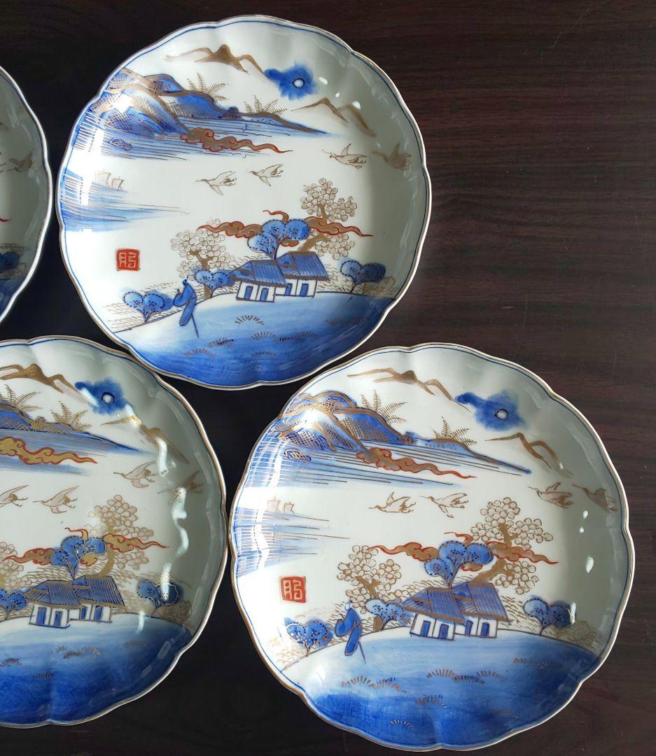 古伊万里 人物鳥山水風景図 輪花中皿 裏角福 表月弓 ５枚セット