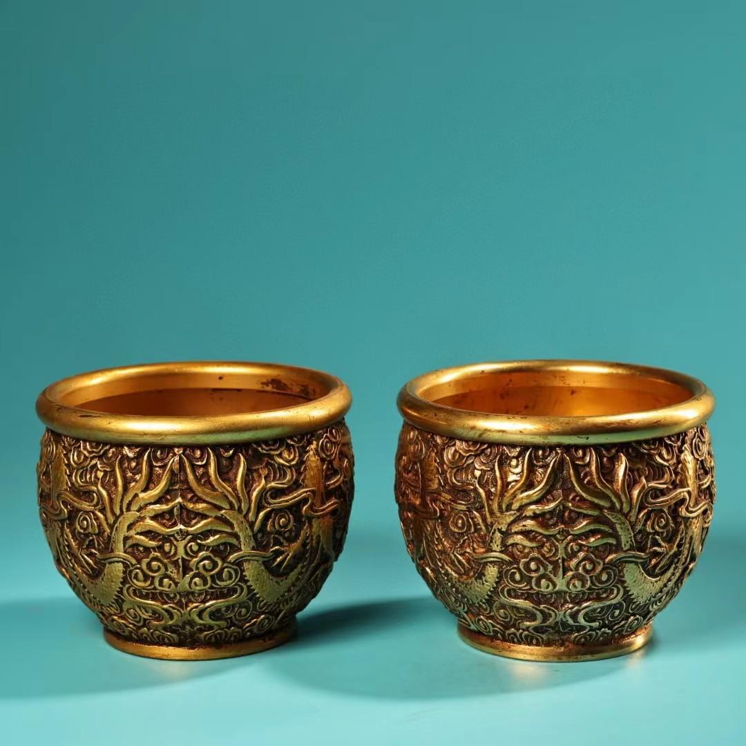 中国古美術・旧蔵二龍戯珠の缶セット・鏨刻鎏金・純銅製・高浮彫・置物・茶道具・酒具