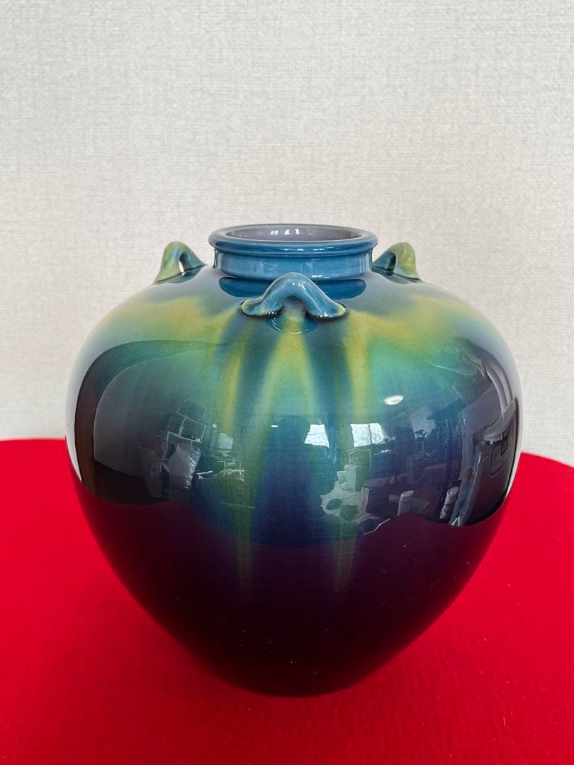 人間国宝 三代 徳田八十吉（正彦銘）耳付壺 高さ約19.5cm T166 共箱付