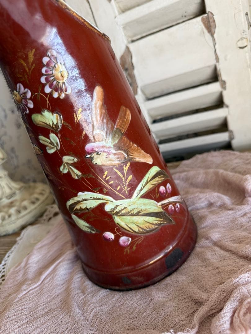 フランスアンティークブラウン小鳥と草花のハンドペイントのホーロージャグピッチャー