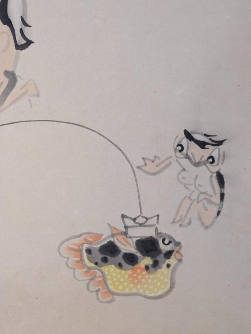 【真作】絵画　跡部白鳥　日本画10号　河童と魚のファンタジー画　Z78