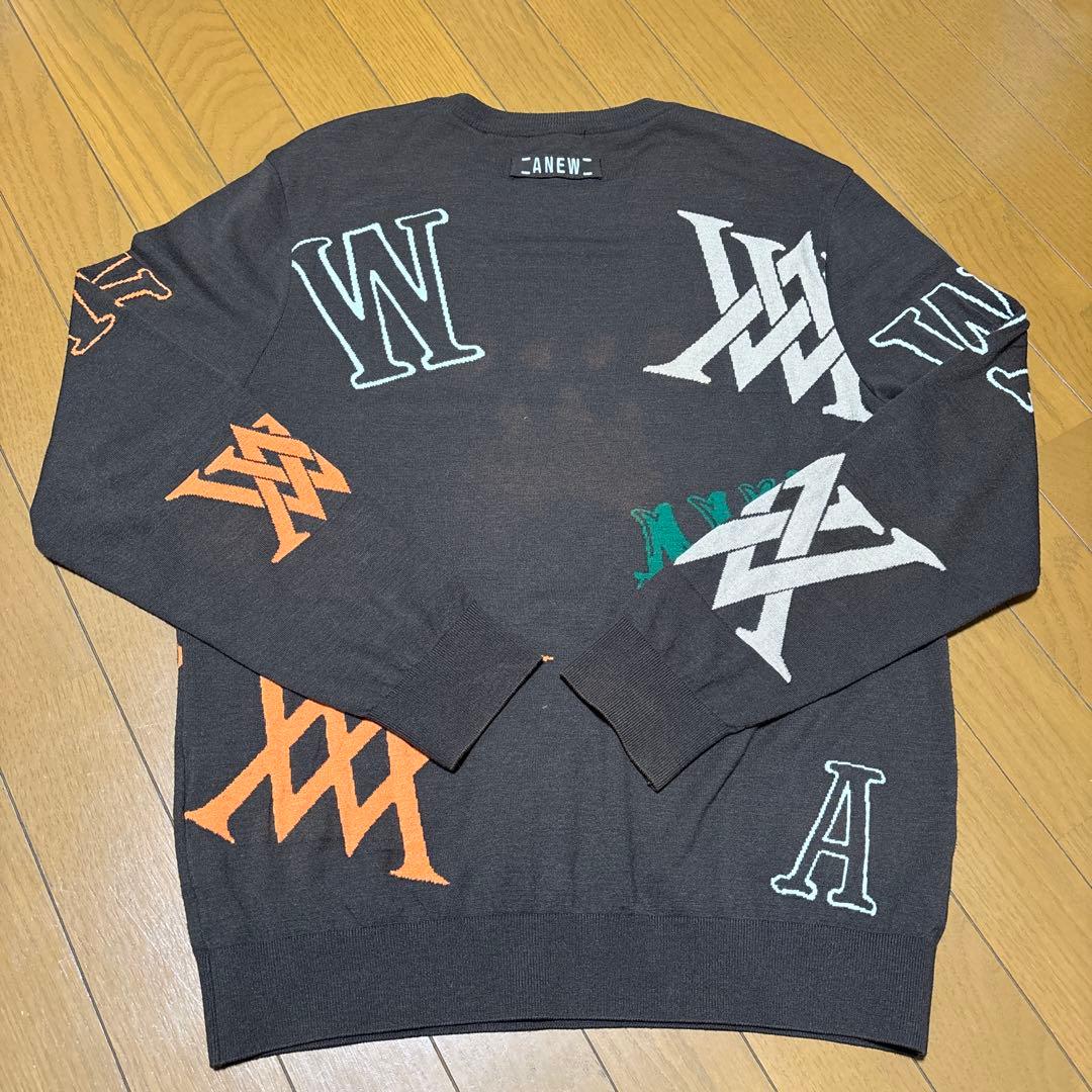 アニューゴルフメンズロゴインター プリント 長袖 ラウンドネック ニット