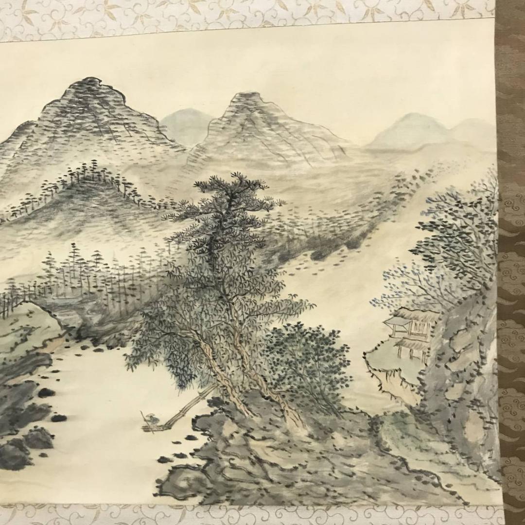 【真作】鳥雪居半人/山水筏下り図/山水図/横物/掛軸/名家伝来/AB-762