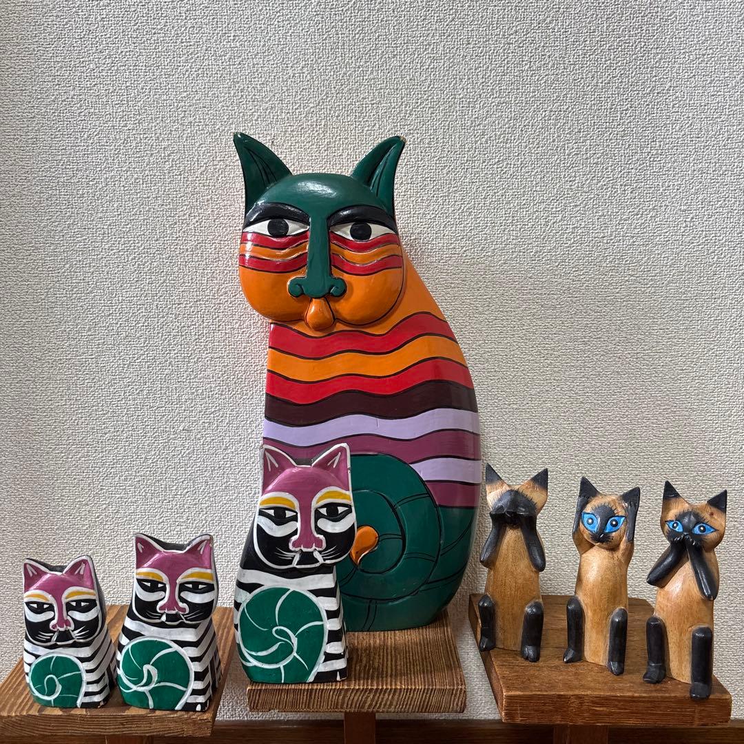 木彫り猫 置物 6体セット アジア雑貨