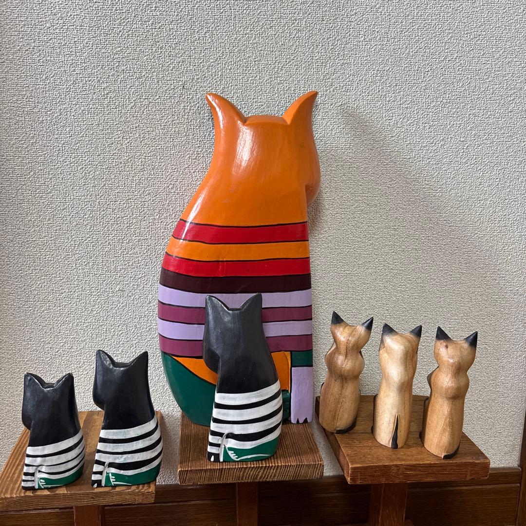 木彫り猫 置物 6体セット アジア雑貨