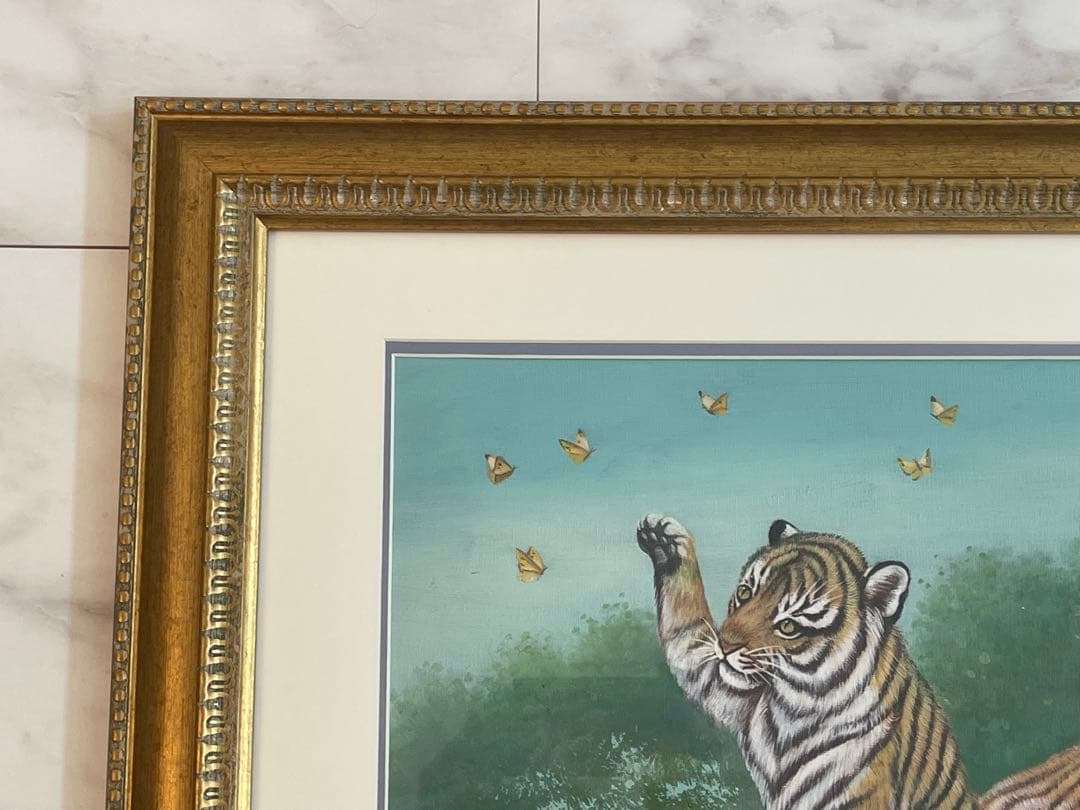 【開運絵画】「水辺の虎と蝶」の油彩画　超絶技巧　L.Chen