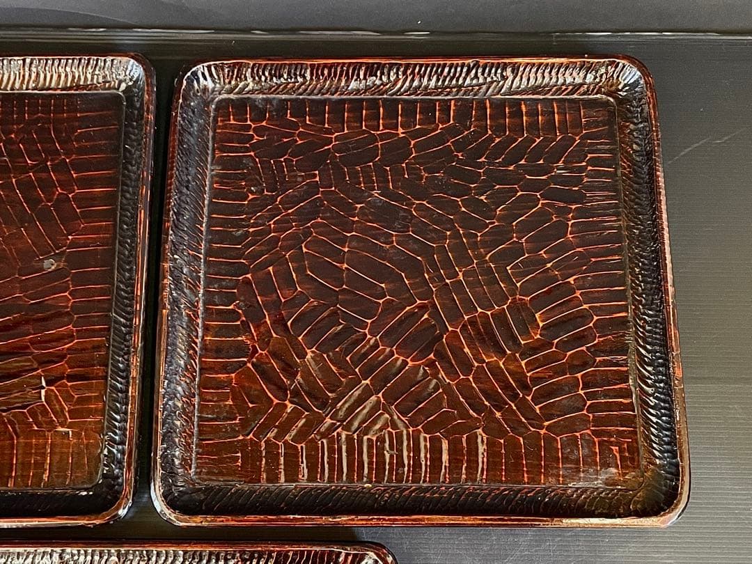 「母」 讃岐彫 四方膳 五客揃い 讃岐膳 讃岐盆 くり抜き （114Ｂ）