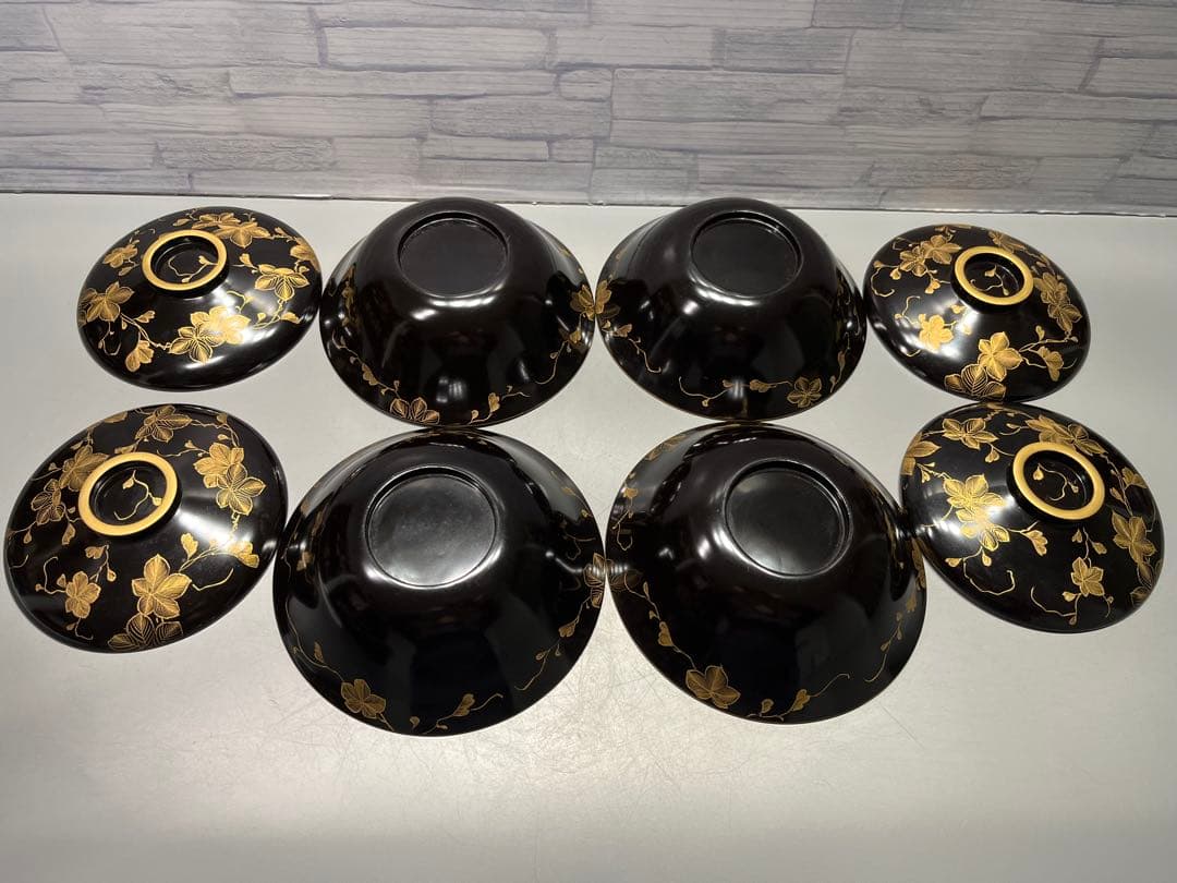 時代　極上　輪島塗　沈金蒔絵　蓋付き煮椀　四客　木製