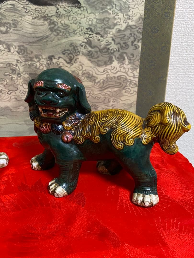 清朝　時代　獅子像 セット 多色 陶器製